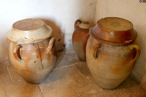 Ceramic jars in kitchen at Chenonceau Chateau. Chenonceau, France.