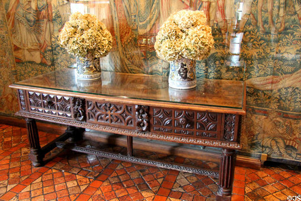 Carved table in bedroom of five queens at Chenonceau Chateau. Chenonceau, France.