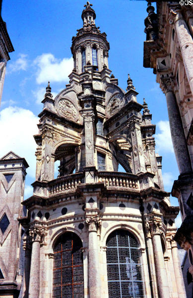 Tower above double spiral staircase at Chambord Chateau. Chambord, France.