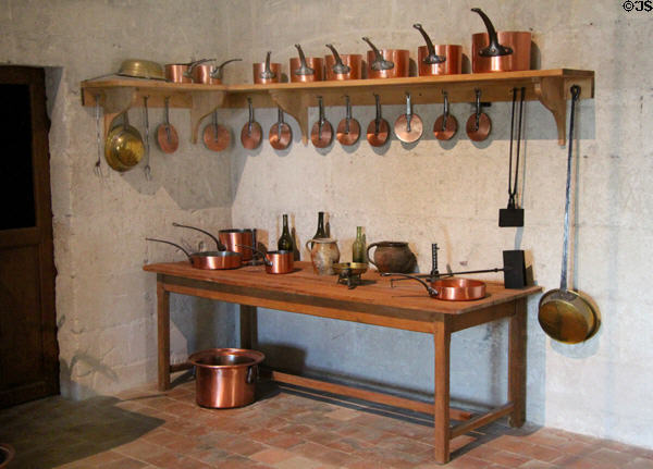 Copper pots & pans in kitchen at Chambord Chateau. Chambord, France.