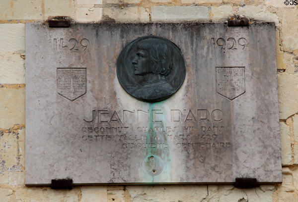 500th anniversary plaque marks meeting of Charles VII with Joan of Arc in 1429 at Château de Chinon. Chinon, France.