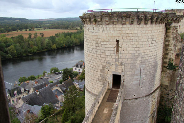 Round Boissy tower in walls of Château de Chinon above town of Chinon. Chinon, France.
