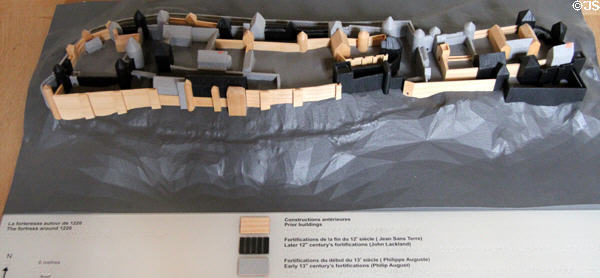 Model of Chinon fort (c1220) with added John Lackland (12thC) structures in black & Philip August (13thC) works in gray in Royal Lodgings museum at Château de Chinon. Chinon, France.