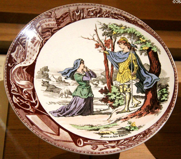 Joan of Arc in Bois Chesnu on porcelain plate (1905) By Sarreguemines Factory in Royal Lodgings museum at Château de Chinon. Chinon, France.