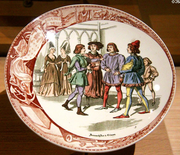 Joan of Arc at Chinon meeting Charles VII on porcelain plate (1905) By Sarreguemines Factory in Royal Lodgings museum at Château de Chinon. Chinon, France.