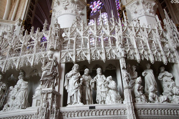 Biblical scenes on carved choir screen at Chartres Cathedral. Chartres, France.