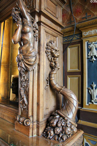 Dining room sideboard carved with female figure & cornucopia at Cheverny Chateau. Cheverny, France.