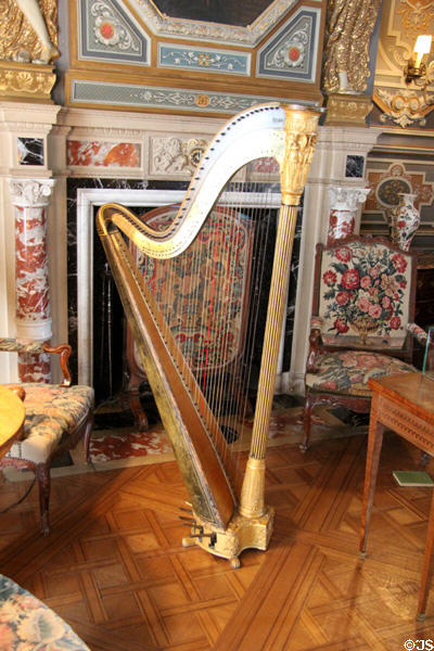 Harp (17thC) by Erard in Grand Salon at Cheverny Chateau. Cheverny, France.