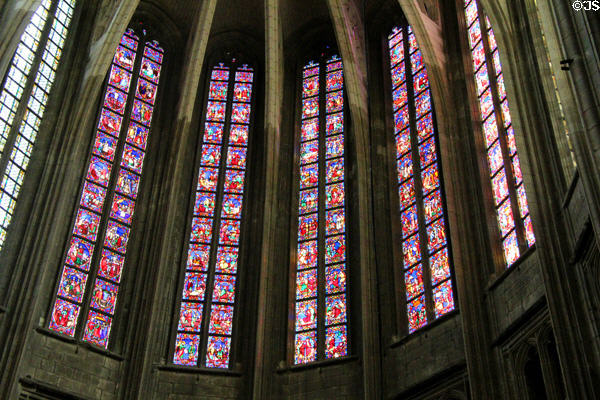 Stained glass windows with church history at Orleans Cathedral. France.