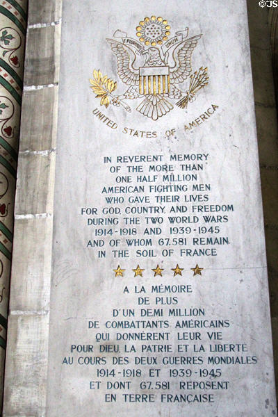 Memorial to American fighting men who died in WWI & WWII at Orleans Cathedral. France.