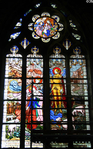 Joan hears heavenly voices in Domrémy on panel from life of Joan of Arc stained glass windows (1893-7) by J. Galland & E. Gibelin at Orleans Cathedral. France.