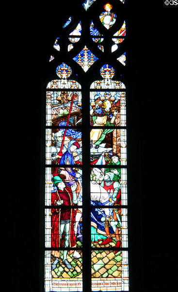 Joan leaves Vaucouleurs panel from life of Joan of Arc stained glass windows (1893-7) by J. Galland & E. Gibelin at Orleans Cathedral. France.