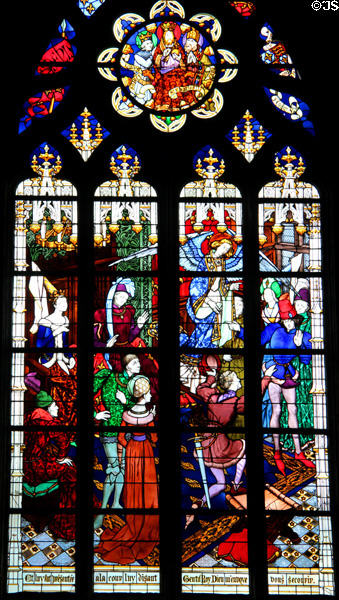 Joan recognizes Charles VII as king in Chinon on panel from life of Joan of Arc stained glass windows (1893-7) by J. Galland & E. Gibelin at Orleans Cathedral. France.