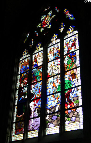 Joan arrives in Orleans panel from life of Joan of Arc stained glass windows (1893-7) by J. Galland & E. Gibelin at Orleans Cathedral. France.