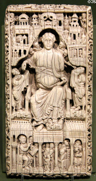 Medieval ivory carving of Christ enthroned at Orleans Beaux Arts Museum. Orleans, France.