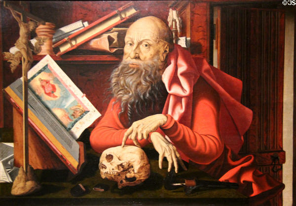 St Jerome in his Oratory painting (after 1521) attrib. Marinus van Reymerswaele at Orleans Beaux Arts Museum. Orleans, France.