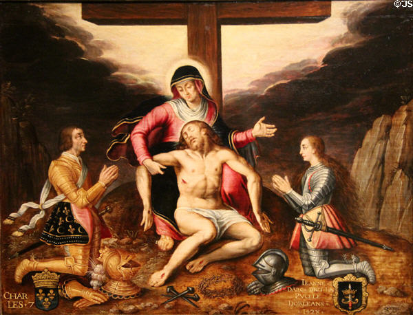 Pieta with Charles VII & Joan of Arc painting (17thC) by François Quesnel the Younger at Orleans Beaux Arts Museum. Orleans, France.