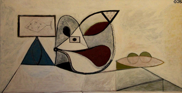 Still Life with Dish of Grapes, Guitar & Two Apples on a Plate (Nature morte au compotier de raisins, à la guitare et assiette avec deux pommes) paint & charcoal (1946) by Pablo Picasso at Picasso Museum. Antibes, France.