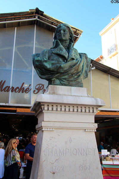 Bust of Championnet, a military hero during the time of the French Revolution,in front of Market Hall. Antibes, France.