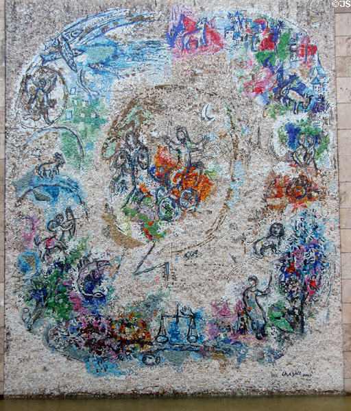 Mosaic (1971) depicting Prophet Elijah in his chariot of fire & 12 signs of the Zodiac over pond by Marc Chagall at Chagall Museum. Nice, France.