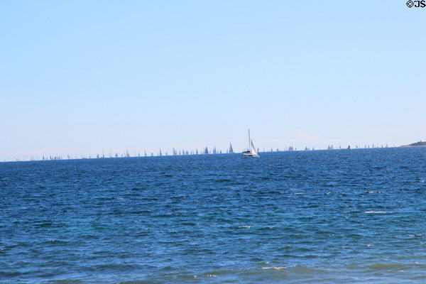 Gulf of San Tropez with regatta sailing in the distance. Sainte-Maxime, France.