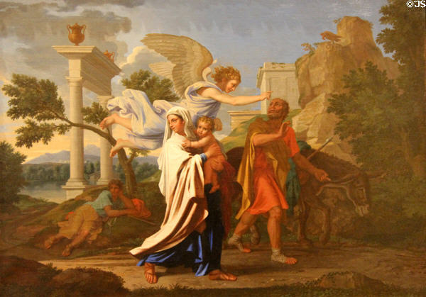 Flight into Egypt painting (1657) by Nicolas Poussin at Beaux-Arts Museum. Lyon, France.