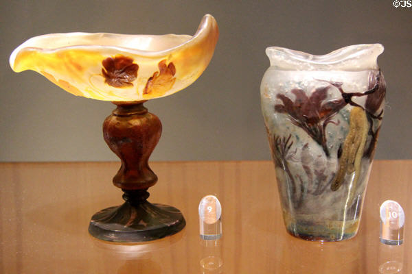 Glass stemmed cup with pansies (1904) & vase with several plants (1898) by Émile Gallé at Beaux-Arts Museum. Lyon, France.