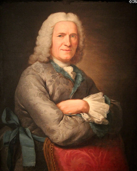 Oil portrait of Jean Revel, inventor of color processing for cloth making (1748) by Donat Nonnotte at Musées des Tissus. Lyon, France.