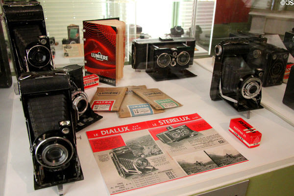 Display of Lumière cameras & films (1930-57) at Lumière Museum. Lyon, France.