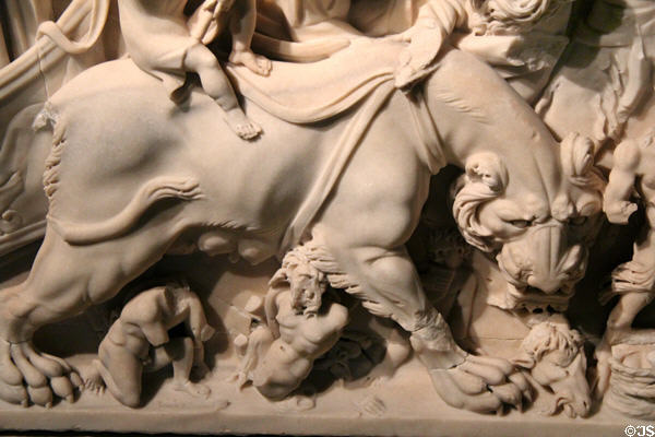 Lion detail of Triumph of Bacchus marble sarcophagus (3rdC) at Gallo Roman Museum. Lyon, France.