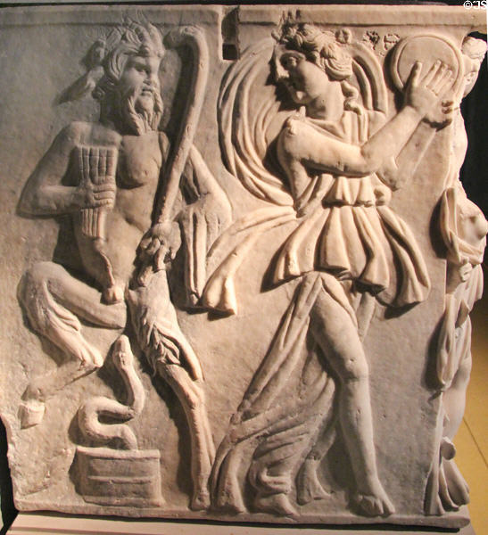 Bacchus detail of Triumph of Bacchus marble sarcophagus (3rdC) at Gallo Roman Museum. Lyon, France.