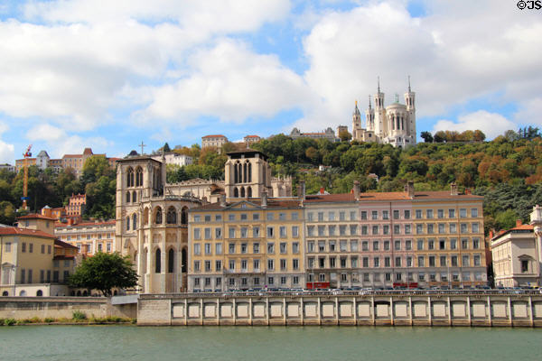 Fourvière Hill seen from Soane River topped by Basilique Notre-Dame. Lyon, France.