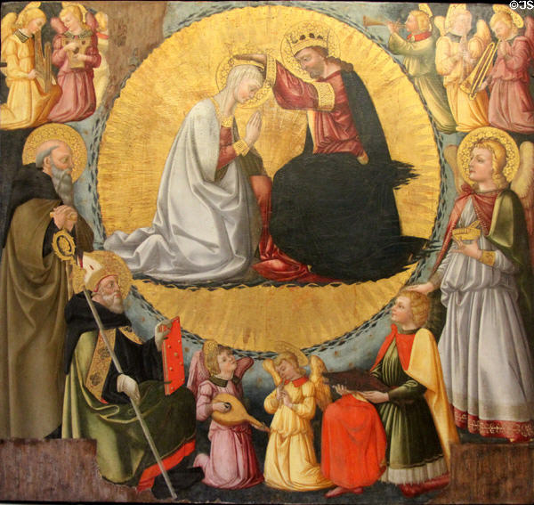 Crowning of Virgin with Sts Anthony, Augustine, Tobias & angels painting (1400s) by Neri di Bicci of Florence at Petit Palais Museum. Avignon, France.
