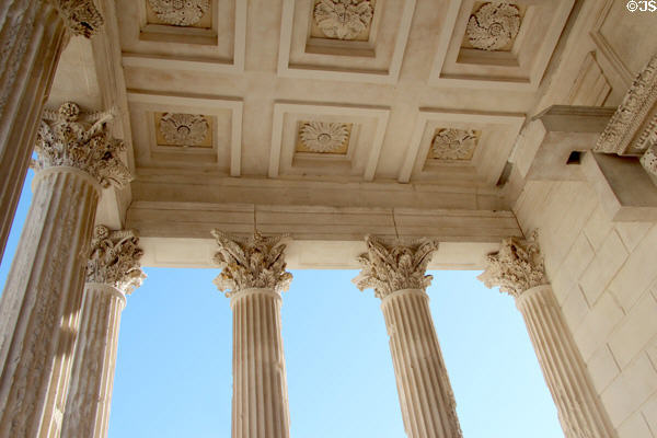 Corinthian columns & porch ceiling of Maison Carrée. Nimes, France.