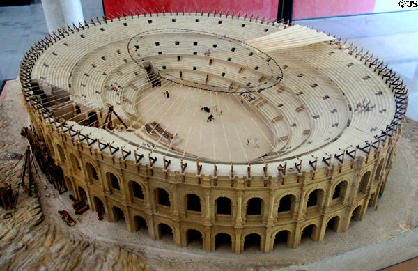 Scale model of Roman Amphitheatre arena of Arles with ancient cloth sails to serve as sunshade at Arles Antiquities Museum. Arles, France.