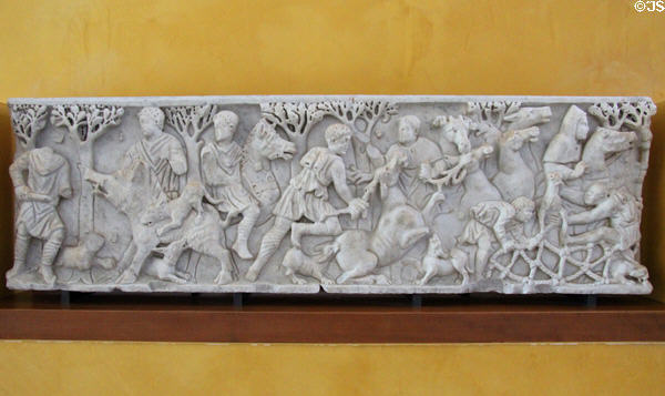 Carved hunting scene on Roman-era marble sarcophagus (3rdC) at Arles Antiquities Museum. Arles, France.