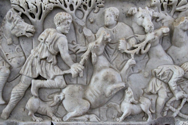 Detail of dear on carved hunting scene on Roman-era marble sarcophagus (3rdC) at Arles Antiquities Museum. Arles, France.