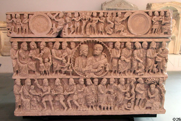 Carved Old & New Testament scenes on marble sarcophagus (mid 4thC) at Arles Antiquities Museum. Arles, France.