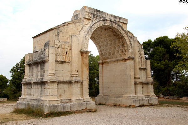 Details of triangular upper roof of Arch (c20 BCE) at Glanum Roman Ruins. Saint-Rémy-de-Provence, France.