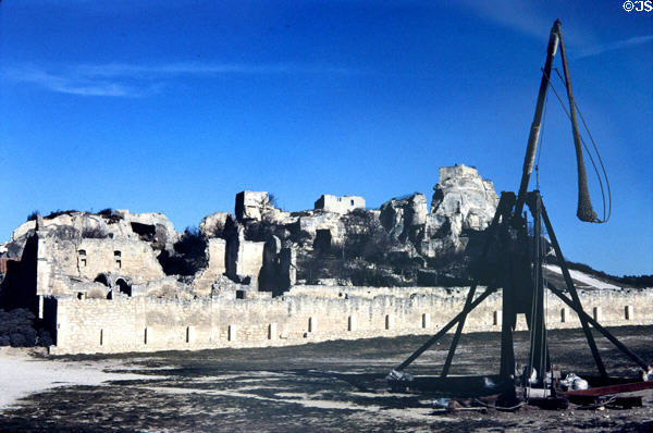 Les Baux Chateau ruins (13thC) with catapult. Les Baux, France.