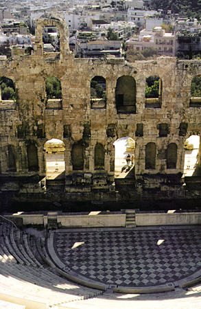 Looking into Herod Atticus Odeum (theatre) from the Acropolis, Athens. Greece.
