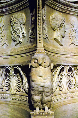 Owl carving on lamp column on Academy of Arts, Athens. Greece.