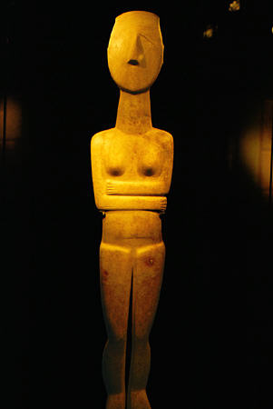 Cycladic female statue which is 1.4 m tall, circa 2800 to 2300 BC, which may be cult effigy at Cycladic Art Museum, Athens. Greece.