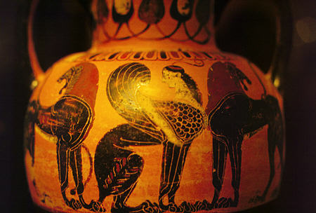 Black figure amphora from 550 to 530 BC with griffin and two lions at Cycladic Art Museum in Athens. Greece.