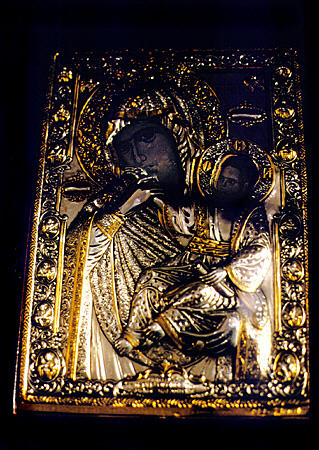 Gold and silver icon in Ossios Loukas. Greece.