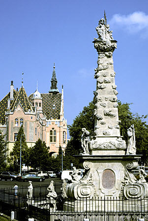 Trinity monument & city hall, Kecskemét. Hungary.