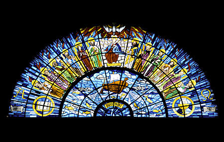 New stained glass (2000) in Basilica Erseki Föszékesegyhaz, Eger. Hungary.
