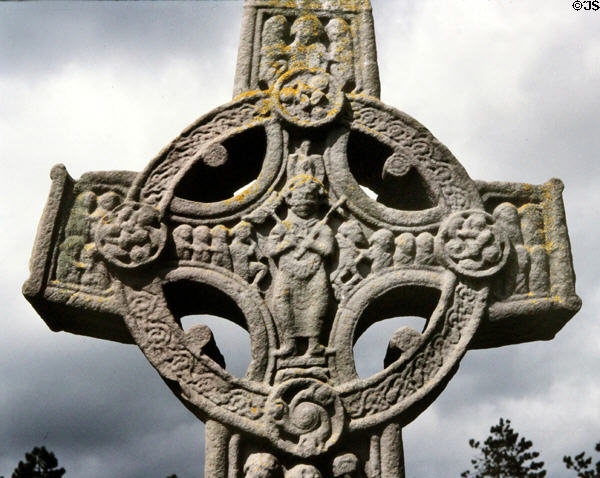 Detailed view of an Irish high cross at Clonmacnoise. Ireland.