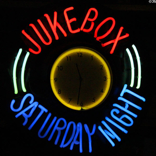 Jukebox Saturday Night clock on neon sign at Hurdy Gurdy Museum of Vintage Radio. Howth, Ireland.