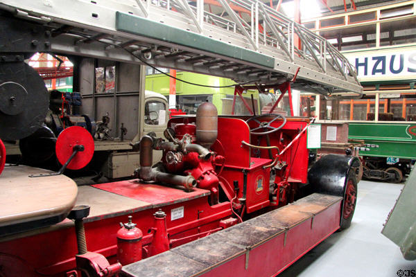Merryweather fire ladder truck with extendable ladder on turntable (1936-72) at National Transport Museum. Howth, Ireland.